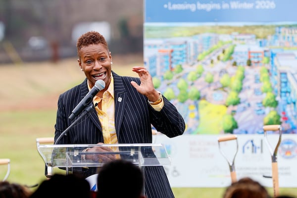 President and CEO of Atlanta Housing, Terri M. Lee, speaks during the groundbreaking ceremony for the mixed-homes redevelopment of Bowen Homes phase 1, March 5, 2025. 
(Miguel Martinez/AJC/TNS)