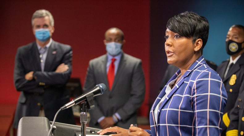 After the approval vote of the Public Safety Training Center this week, Mayor Mayor Keisha Lance Bottoms address questions about the facility, its location and the concerns of the community Thursday, Sept 9, 2021.  (Jenni Girtman for The Atlanta Journal-Constitution)