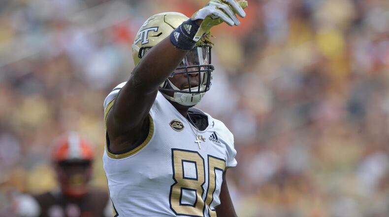 September 29, 2018 Atlanta - Georgia Tech wide receiver Jalen Camp (80) celebrates in the second half at Bobby Dodd Stadium on Saturday, September 29, 2018.  HYOSUB SHIN / HSHIN@AJC.COM