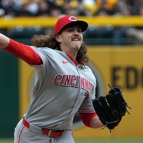 Cincinnati Reds pitcher Rhett Lowder delivers a pitch against the Pittsburgh Pirates in the first inning of a baseball game in Pittsburgh, Saturday, May 2, 2026. (AP Photo/Tom E. Puskar)