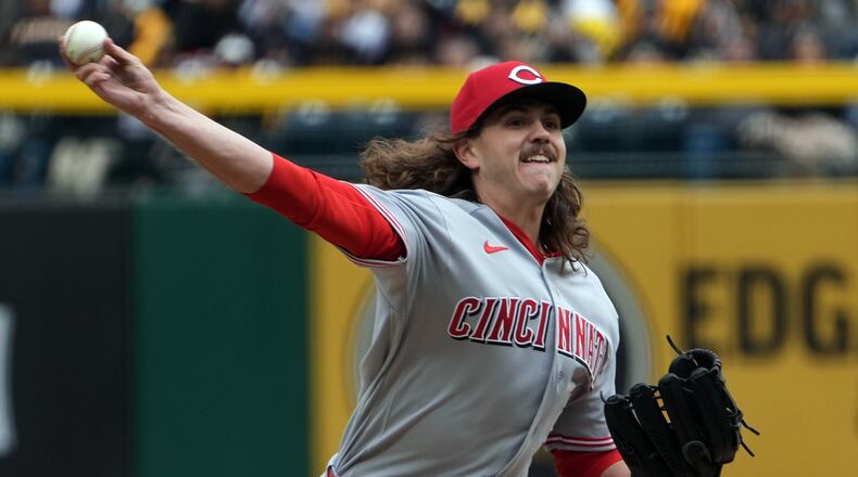 Cincinnati Reds pitcher Rhett Lowder delivers a pitch against the Pittsburgh Pirates in the first inning of a baseball game in Pittsburgh, Saturday, May 2, 2026. (AP Photo/Tom E. Puskar)