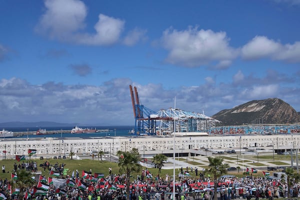 Moroccans protest the docking of a Maersk cargo ship carrying airplane parts they suspect are headed to Israel, outside Tangier Med Port, Sunday, April 20, 2025. (AP Photo/Mosa'ab Elshamy)