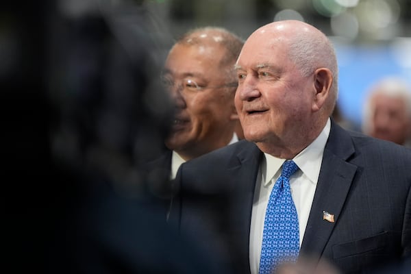 FILE - Sonny Perdue speaks to media at the Hyundai Motor Group Metaplant America, Wednesday, March 26, 2025, in Ellabell, Ga. (AP Photo/Mike Stewart, File)