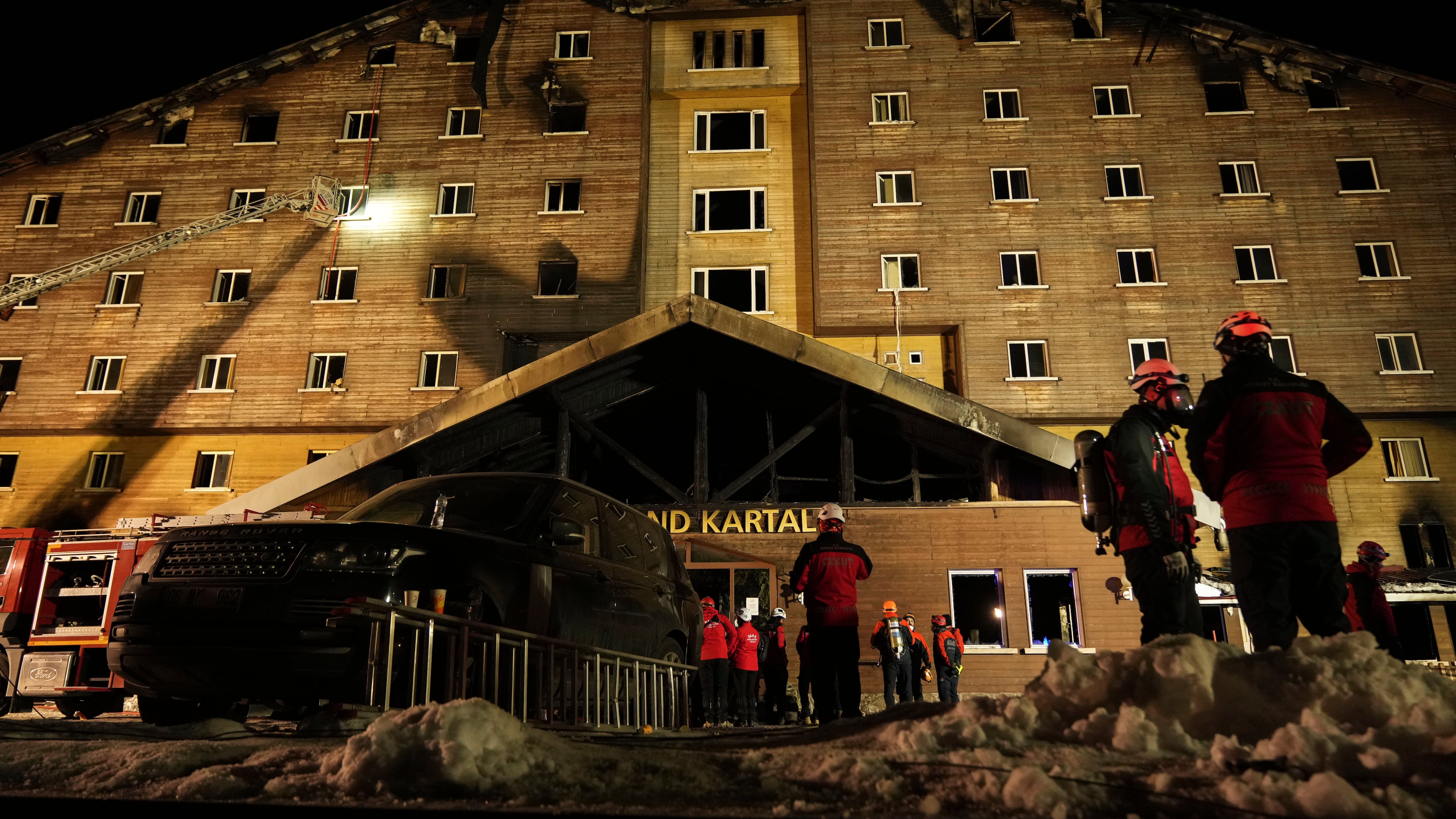 FILE - Firefighters and emergency teams work after a fire that broke out at a hotel in the ski resort of Kartalkaya, located in Bolu province, northwest Turkey, on Jan. 21, 2025. (AP Photo/Francisco Seco, File)