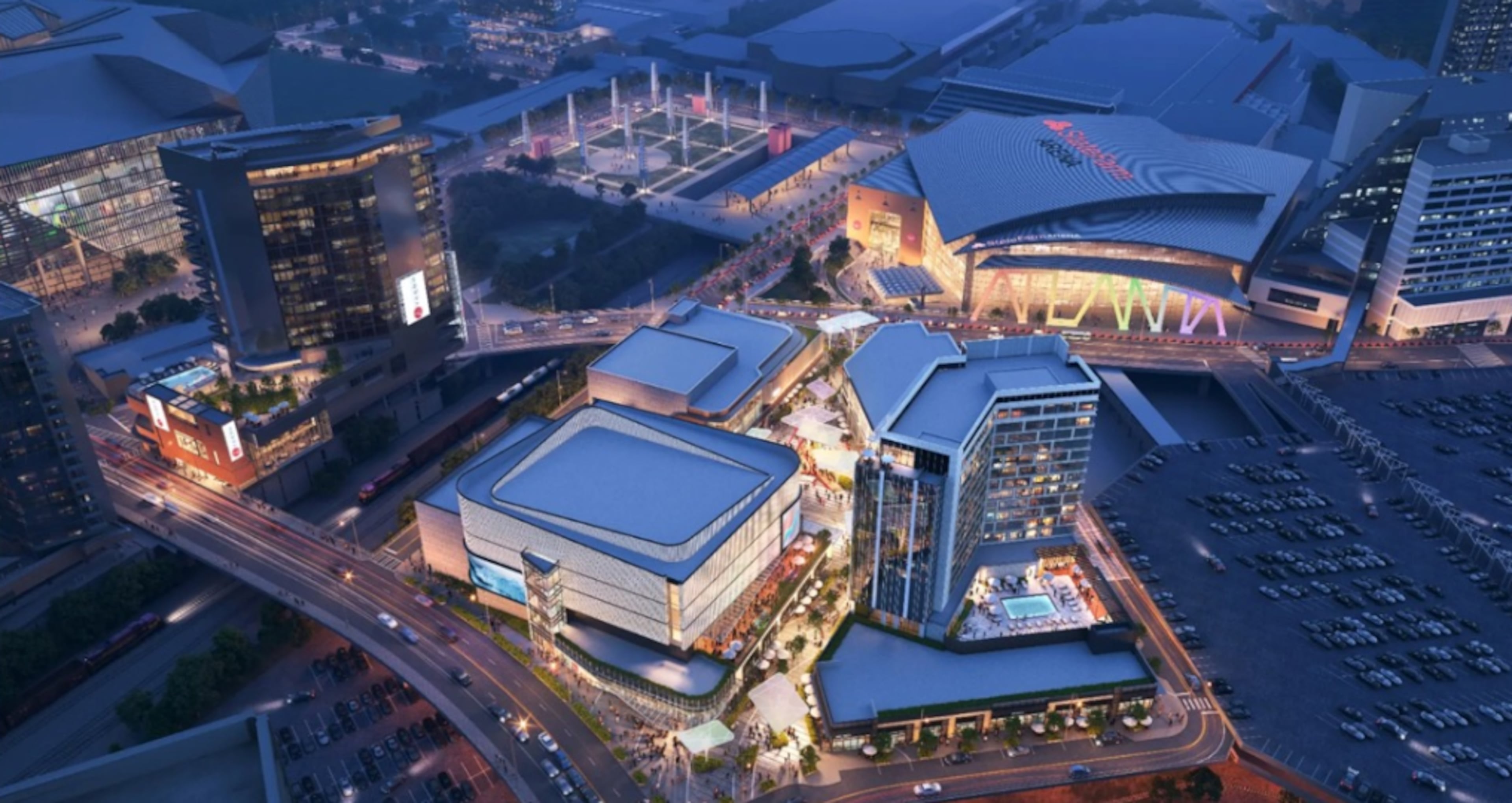 An aerial rendering of the planned entertainment district that will make up the center of the Centennial Yards development in downtown Atlanta. The project was designed by Atlanta architecture firm Gensler. (Courtesy of Gensler)