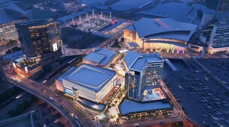 This is a rendering of the planned entertainment district that will make up the center of the Centennial Yards development in downtown Atlanta. The project was designed by Atlanta architecture firm Gensler. (Courtesy of Gensler)