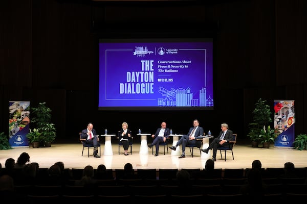 Former U.S. Ambassador to NATO and U.S. Senator Kay Bailey Hutchison, second from right, speaks during a panel discussion with High Representative for Bosnia and Herzegovina Christian Schmidt, left, Minister of Foreign and European Affairs of Croatia Dr. Gordan Grlic-Radman, Minister of Foreign Affairs of Bosnia and Herzegovina Elmedin Konakovic and former U.S. Ambassador to Croatia Peter Galbraith as part of the NATO Parliamentary Assembly in Dayton, Ohio, on Friday, May 23, 2025. (AP Photo/Paul Vernon)
