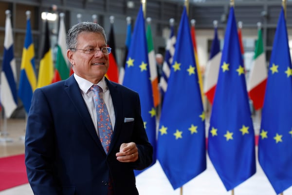 European Commissioner for Trade and Economic Security Maros Sefcovic arrives for a meeting of EU trade ministers at the European Council building in Brussels, Thursday, May 15, 2025. (AP Photo/Omar Havana)