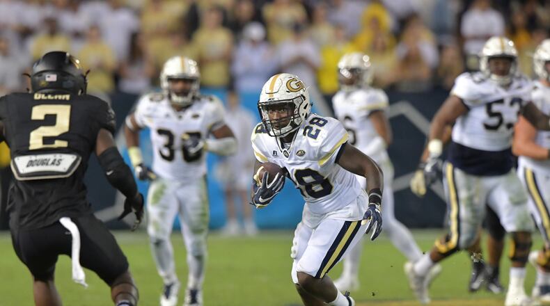 October 21, 2017 Atlanta - Georgia Tech running back J.J. Green (28) runs with the ball in the first half of an NCAA college football game at Bobby Dodd Stadium on Saturday, October 21, 2017. Georgia Tech beat Wake Forest 38-24. HYOSUB SHIN / HSHIN@AJC.COM