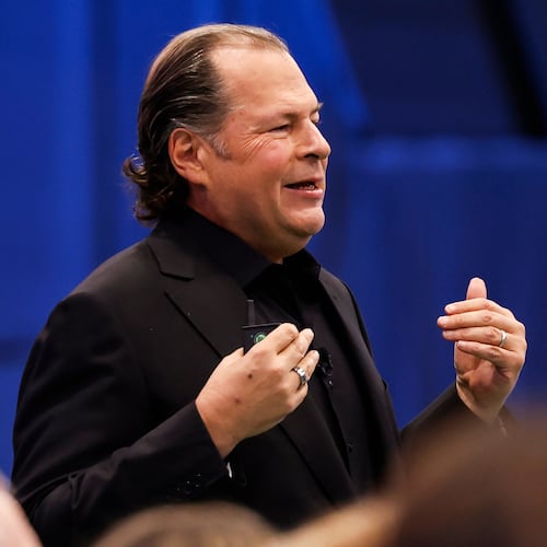 FILE - Salesforce CEO Marc Benioff delivers the keynote address at the start of the Dreamforce conference at the Moscone Center, in San Francisco, Oct. 14, 2025. (Jessica Christian/San Francisco Chronicle via AP, File)