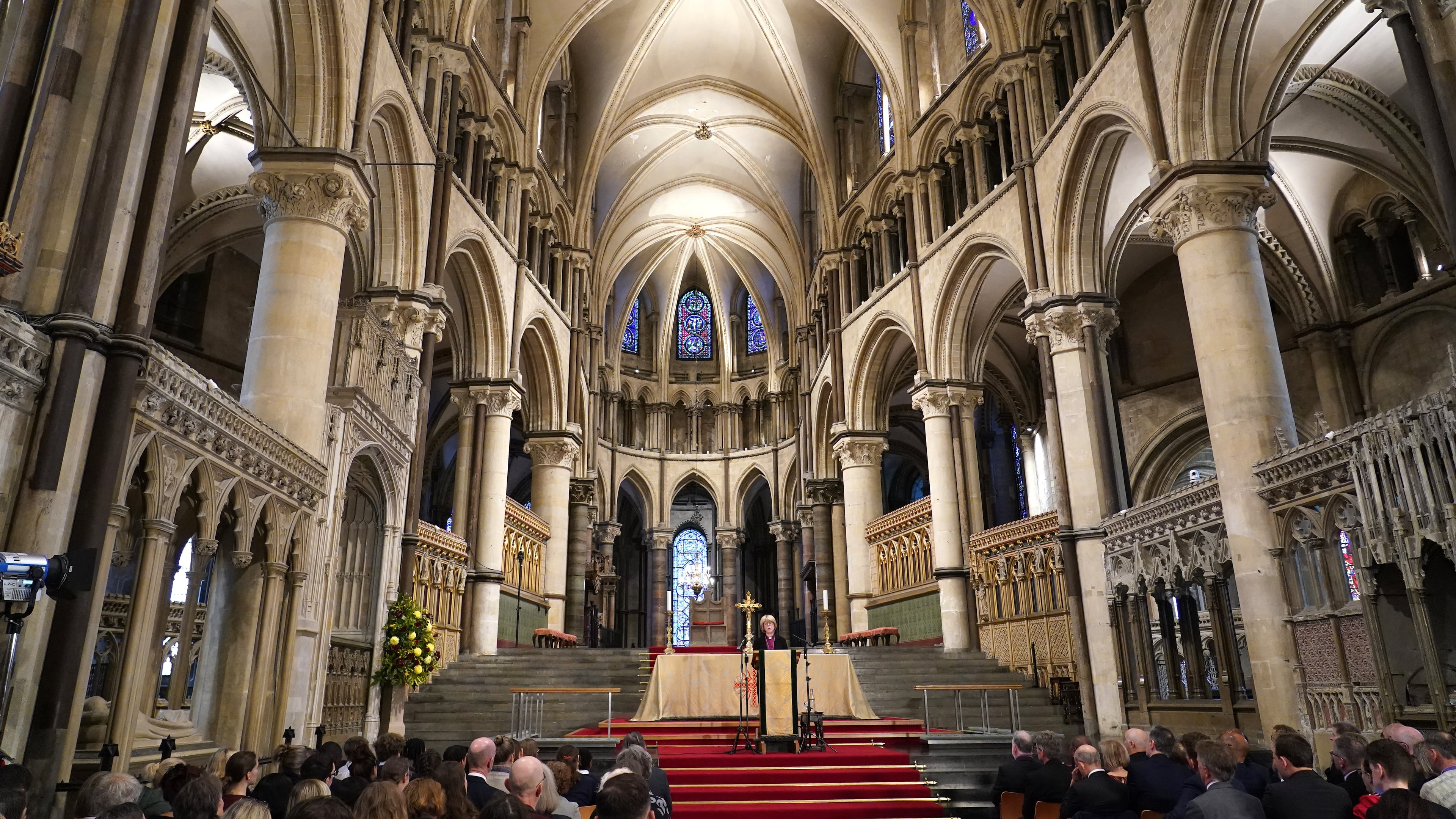 FILE - Sarah Mullally, the new Archbishop of Canterbury, spiritual leader of the world's 85 million Anglicans, speaks inside Canterbury Cathedral in Canterbury, England, Oct. 3, 2025. (AP Photo/Alberto Pezzali, File)