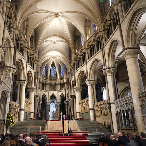 FILE - Sarah Mullally, the new Archbishop of Canterbury, spiritual leader of the world's 85 million Anglicans, speaks inside Canterbury Cathedral in Canterbury, England, Oct. 3, 2025. (AP Photo/Alberto Pezzali, File)