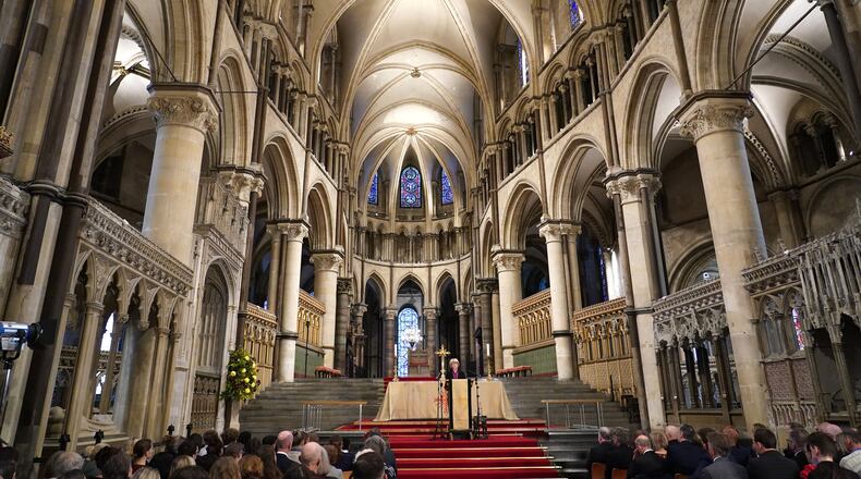 FILE - Sarah Mullally, the new Archbishop of Canterbury, spiritual leader of the world's 85 million Anglicans, speaks inside Canterbury Cathedral in Canterbury, England, Oct. 3, 2025. (AP Photo/Alberto Pezzali, File)