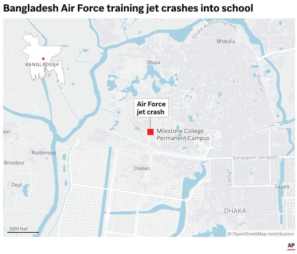 The map above shows the location of an Air Force jet that crashed into a school in Bangladesh. (AP Graphic)