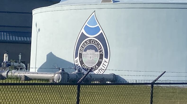 The North Bryan County Water Reclamation Facility is under construction across I-16 from the Hyundai Motor Group Metaplant America campus near Savannah. The treatment plant is to begin operations before the end of the year. (Adam Van Brimmer/AJC)