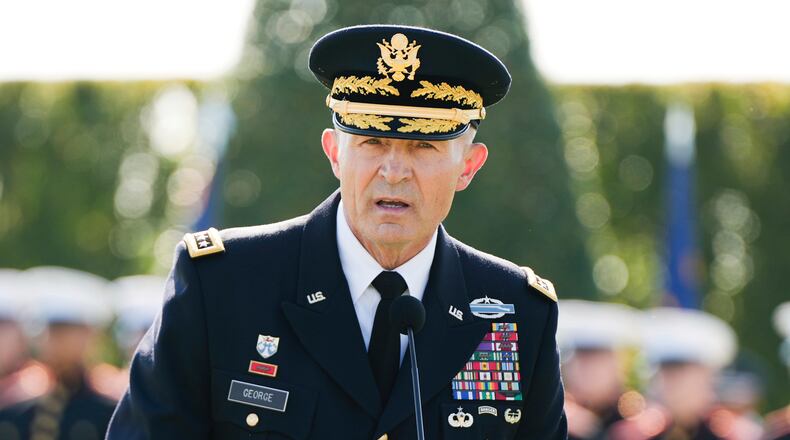 FILE - Army Chief of Staff Gen. Randy George speaks during the POW/MIA National Recognition Day Ceremony at the Pentagon, Sept. 19, 2025, in Washington. (AP Photo/Julia Demaree Nikhinson, file)