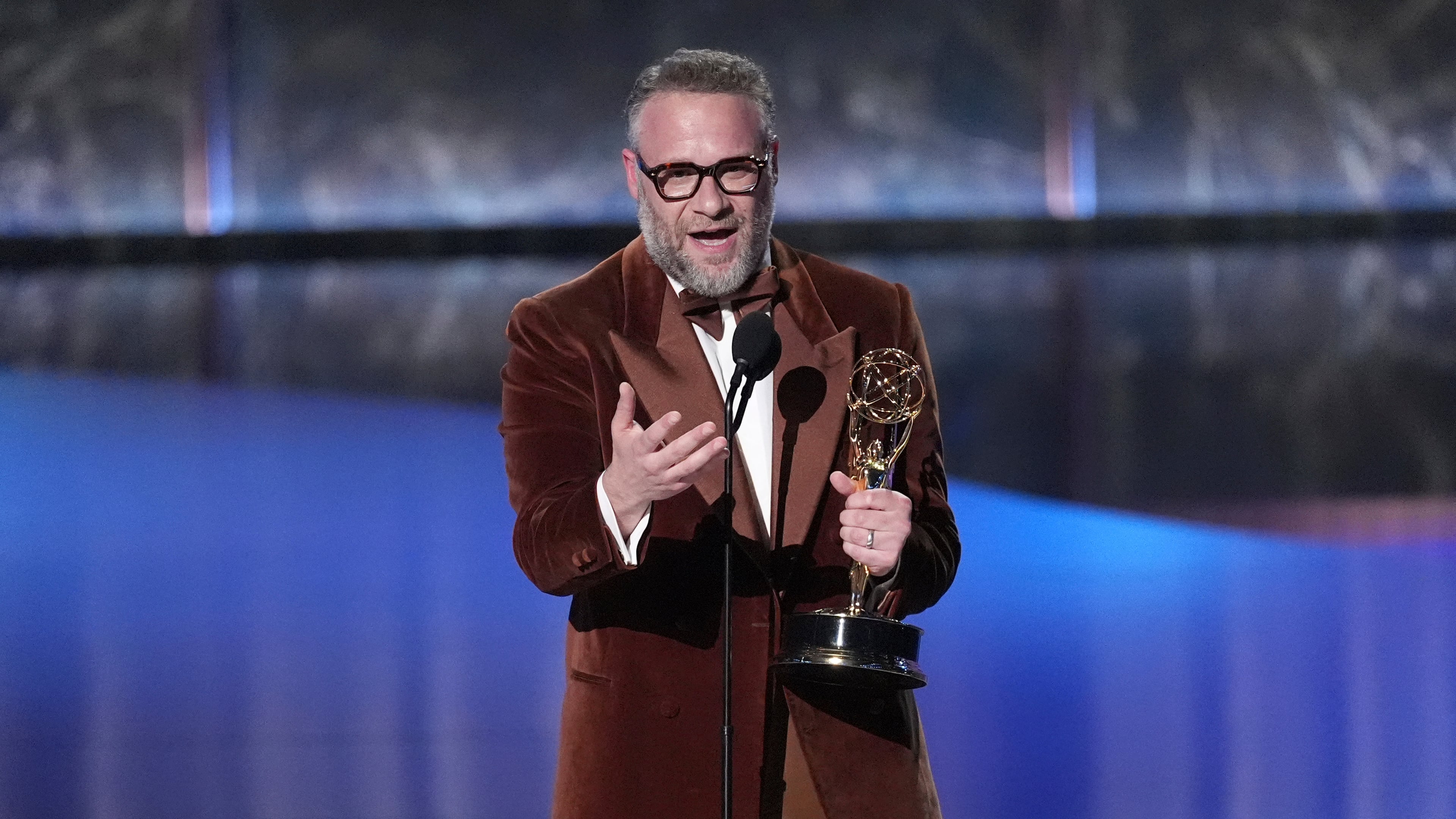 Seth Rogen accepts the award for outstanding lead actor in a comedy series for "The Studio" during the 77th Primetime Emmy Awards on Sunday, Sept. 14, 2025, at the Peacock Theater in Los Angeles. (AP Photo/Chris Pizzello)
