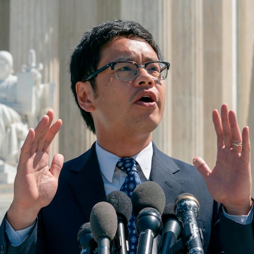FILE - Dale Ho, an attorney for the American Civil Liberties Union, speaks to reporters after he argued before the Supreme Court against the Trump administration's plan to ask about citizenship on the 2020 census, in Washington, April 23, 2019. (AP Photo/J. Scott Applewhite, File)