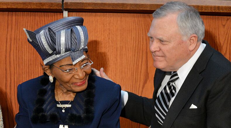 JANUARY 20, 2014 ATLANTA Governor Nathan Deal talks with Dr Christine King Farris following his remarks.The 46th annual Martin Luther King Jr Commemorative Service at Ebenezer Baptist Church Monday, January 20, 2014. KENT D. JOHNSON/KDJOHNSON@AJC.COM