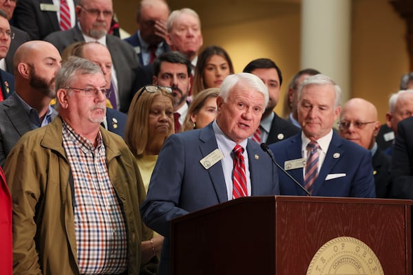 Georgia House Speaker Jon Burns discussed school safety legislation at the Capitol earlier this year. The parents of a teacher killed in a fatal school shooting in Barrow County were on hand.