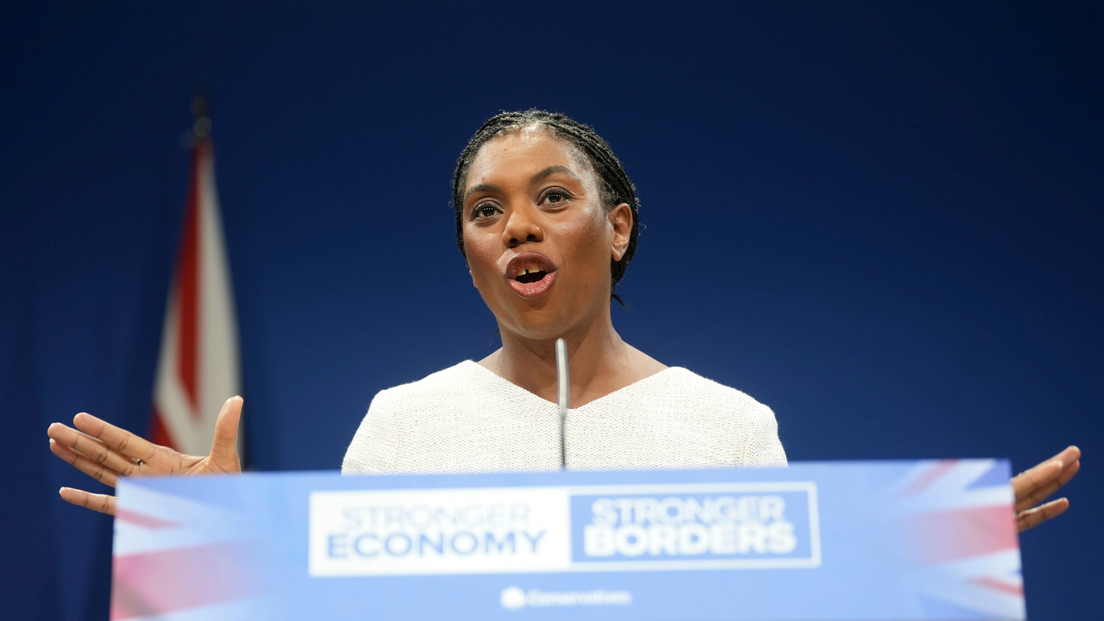 Britain's Conservative Party leader Kemi Badenoch delivers her keynote speech during the Conservative Party Conference at the Manchester Central Convention Complex, Manchester, England, Wednesday Oct. 8, 2025. (Danny Lawson/PA via AP)