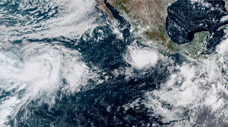This photo provided by NOAA shows Hurricane Polo intensifying in the Pacific Ocean off the coast of Mexico on Monday, Sept. 21, 2026. (NOAA via AP)