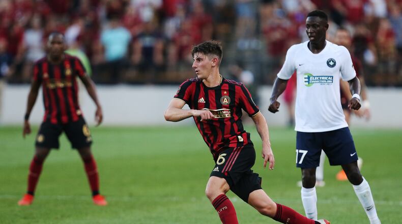 June 10, 2019 Kennesaw- Emerson Hyndman, 16, midfielder for Atlanta United, dribbles the ball during the first half of a match between Atlanta United and Saint Louis FC at Kennesaw State University in Kennesaw, Georgia on Wednesday, July 10, 2019. Atlanta United and Saint Louis were tied 0-0 at the end of the first half. The match was Hyndman's first start for Atlanta United. Christina Matacotta/Christina.Matacotta@ajc.com