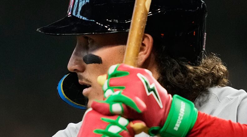 Boston Red Sox designated hitter Jarren Duran prepares to bat during the first inning of a baseball game against the Houston Astros in Houston, Monday, March 30, 2026. (AP Photo/Ashley Landis)