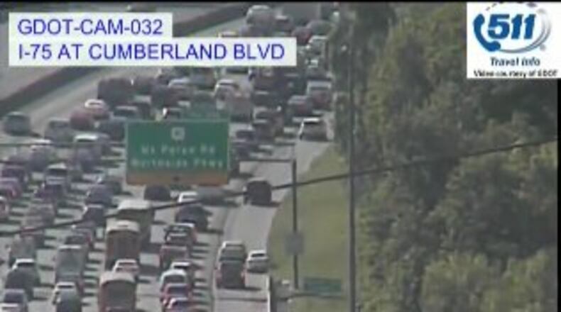 Delays stretched all the way to Cumberland Boulevard after a suspicious package investigation temporarily shut down I-75 South at the Howell Mill Road exit ramp. (Credit: Georgia Department of Transportation)