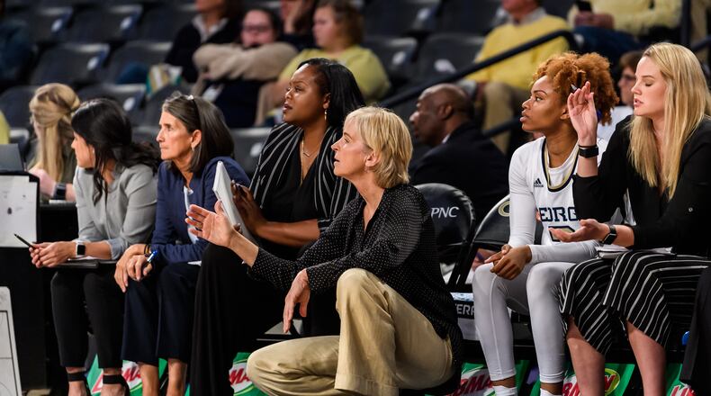 Georgia Tech basketball coach Nell Fortner during the Yellow Jackets' exhibition game against Clayton State at McCamish Pavilion October 30, 2019. (Georgia Tech Athletics)