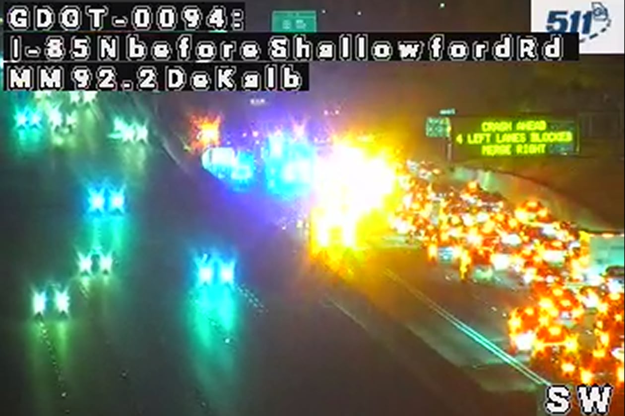 A crash blocks lanes on I-85 South through DeKalb County early Friday, Nov. 7, 2025. (Georgia Department of Transportation)