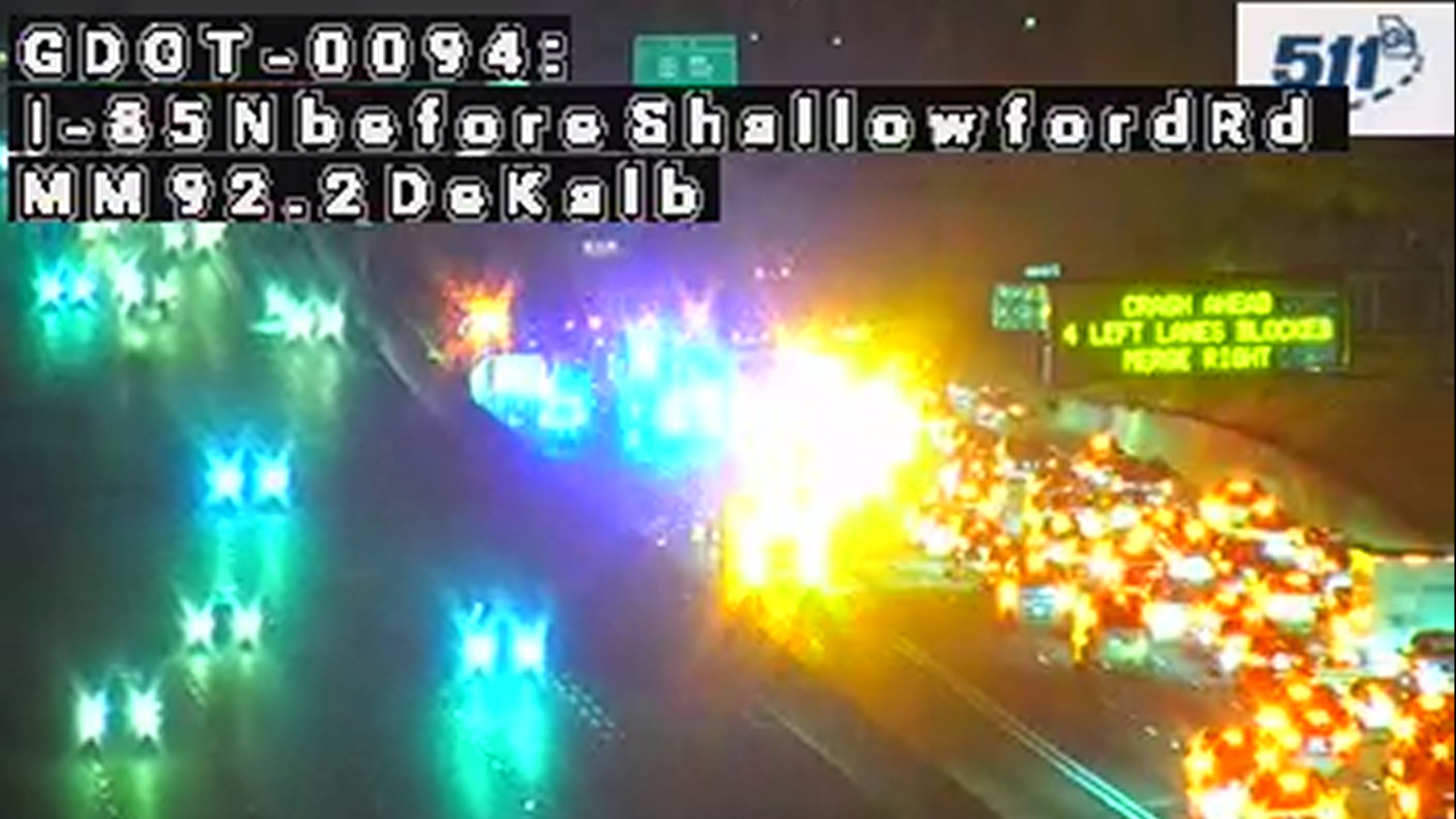 A crash blocks lanes on I-85 South through DeKalb County early Friday, Nov. 7, 2025. (Georgia Department of Transportation)
