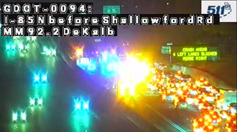 A crash blocks lanes on I-85 South through DeKalb County early Friday, Nov. 7, 2025. (Georgia Department of Transportation)
