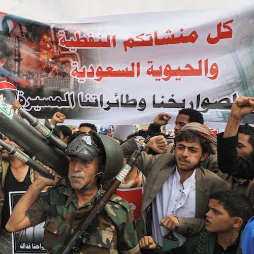 Houthi supporters hold a rally in Sanaa, Yemen, Friday, July 17, 2026, against the Saudi-led coalition. Banner in Arabic reads, "All Saudi oil facilities are targets to our missiles and drones." (AP Photo/Osamah Abdulrahman)