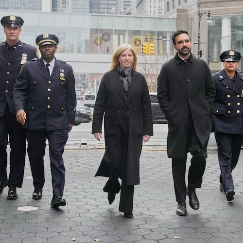 New York Mayor-elect Zohran Mamdani and New York City Police Commissioner Jessica Tisch walk to the New York City Police Memorial, Wednesday, Nov. 19, 2025. (AP Photo/Richard Drew)