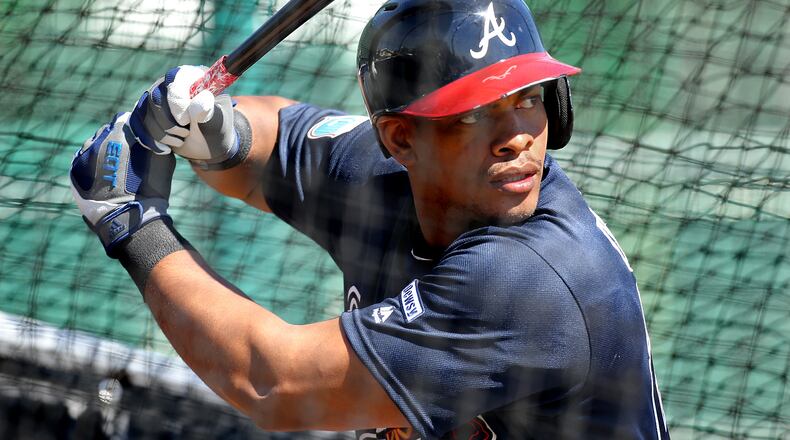 022516 LAKE BUENA VISTA: Braves outfielder Hector Olivera bats during spring training at Champion Stadium on Thursday, Feb 25, 2016, at the ESPN Wide World of Sports, Lake Buena Vista, FL. Curtis Compton / ccompton@ajc.com