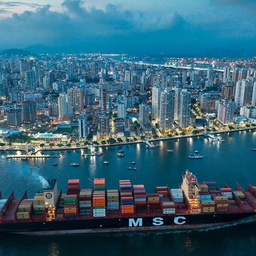 FILE - A container ship approaches the port of Santos in Brazil, April 1, 2025. (AP Photo/Andre Penner, File)