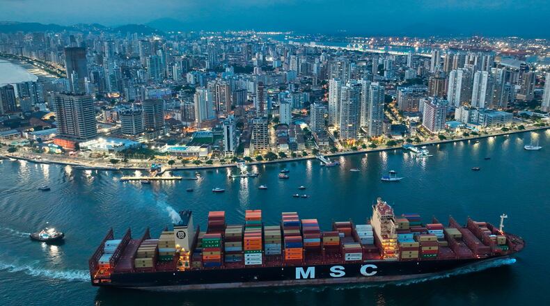 FILE - A container ship approaches the port of Santos in Brazil, April 1, 2025. (AP Photo/Andre Penner, File)