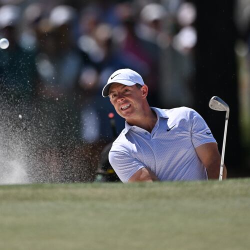 Rory McIlroy hits out of bunker on 7th hole during the second round of the Masters at Augusta National Golf Club, Friday, April 10, 2026, in Augusta, GA (Hyosub Shin/AJC)