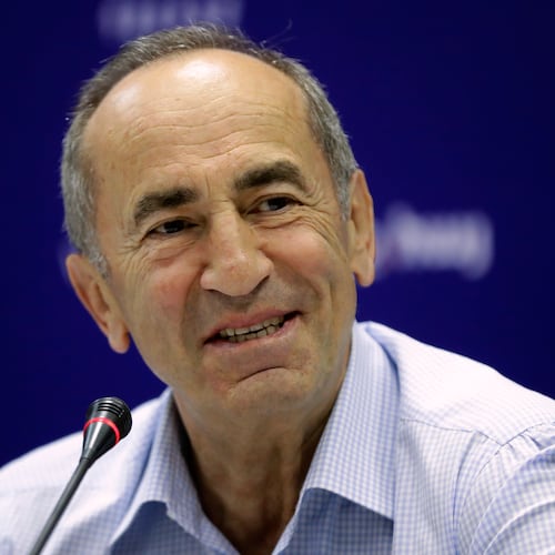 FILE - Former President Robert Kocharyan speaks during a news conference in Yerevan, Armenia, on June 22, 2021. (AP Photo/Sergei Grits, File)