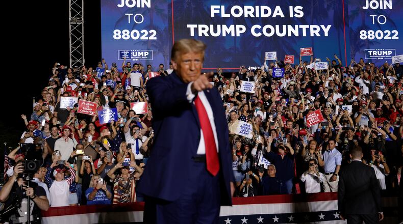 Former President Donald Trump on stage during a rally at The Ted Hendricks Stadium at Henry Milander Park on Wednesday, Nov. 8, 2023, in Hialeah, Florida. (Alon Skuy/Getty Images/TNS)
