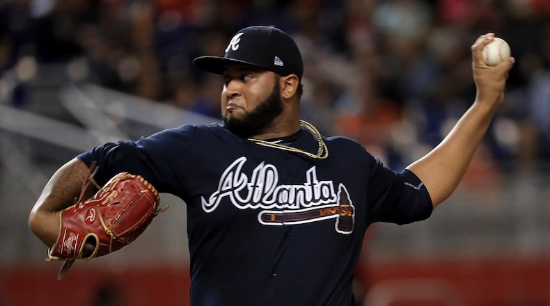 Luiz Gohara of the Braves pitches against the Miami Marlins. (Photo by Mike Ehrmann/Getty Images)