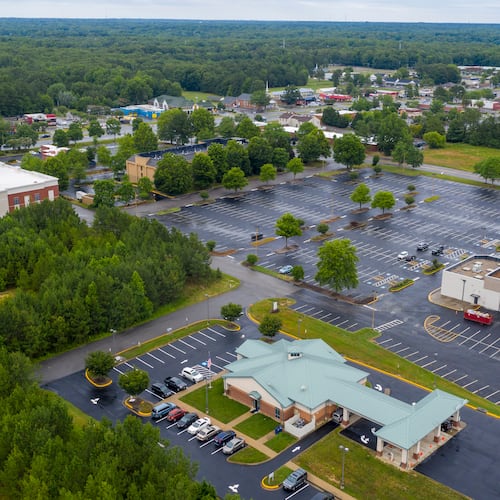 FILE - A drone photo taken on June 16, 2020, shows the Call Federal Credit Union, front, a bank robbed by Okello Chatrie in 2019 in Midlothian, Va. (AP Photo/Steve Helber, File)