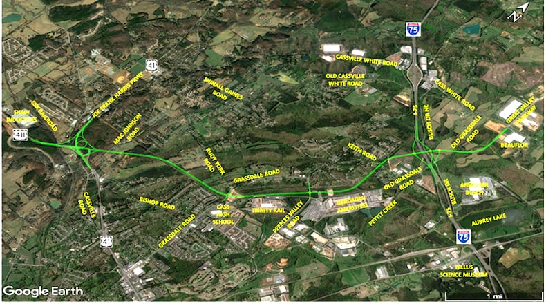 Map depicts a proposed connector that would create a direct link between I-75 and U.S. 411 to Rome in the Cartersville area. An open house on the plan is set for Tuesday, Feb. 26, in Cartersville. GEORGIA DEPARTMENT OF TRANSPORTATION
