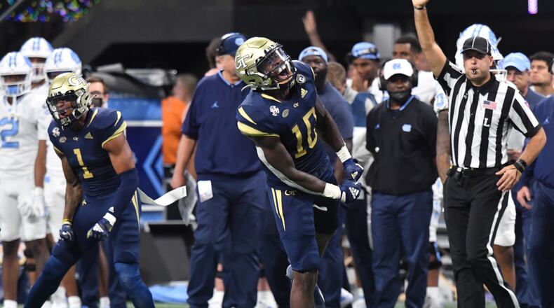 Georgia Tech's linebacker Ayinde Eley (10) reacts during the second half of an NCAA college football game at Mercedes-Benz Stadium in Atlanta on Saturday, September 25, 2021. Georgia Tech won 45-22 over North Carolina. (Hyosub Shin / Hyosub.Shin@ajc.com)