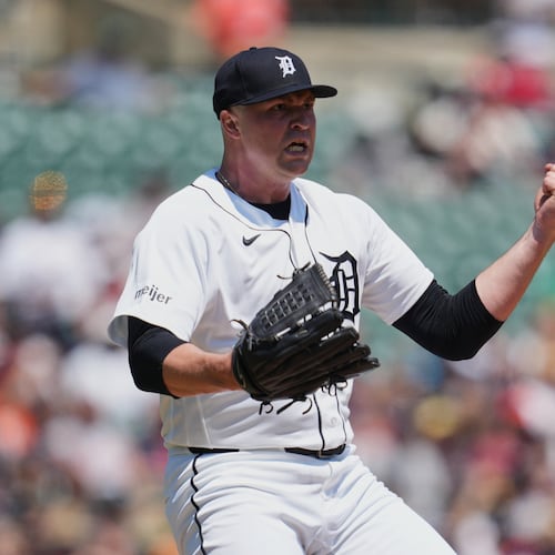 Detroit Tigers pitcher Tarik Skubal reacts to striking out Philadelphia Phillies' Kyle Schwarber to end the fifth inning Sunday, July 12, 2026, in Detroit. (AP Photo/Paul Sancya)