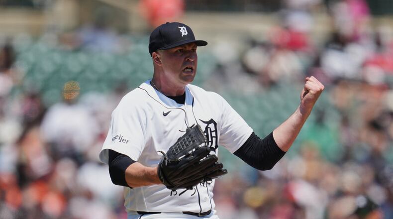 Detroit Tigers pitcher Tarik Skubal reacts to striking out Philadelphia Phillies' Kyle Schwarber to end the fifth inning Sunday, July 12, 2026, in Detroit. (AP Photo/Paul Sancya)