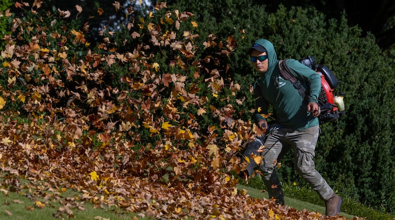 Michael Perez with M.H. Lawn Services is shown blowing leaves on the corner of Friar Tuck Road and Lionel Lane in Midtown Atlanta on Thursday, Oct. 24, 2023. (John Spink/AJC)