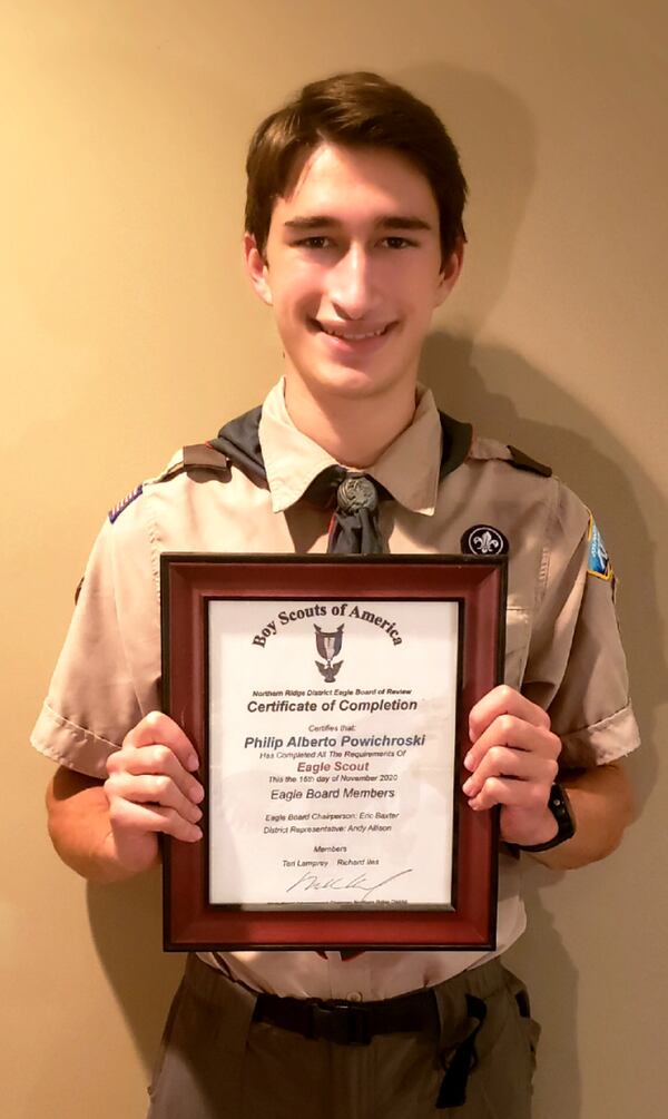 The Northern Ridge Boy Scout District (Cities of Roswell, Alpharetta, John’s Creek, Milton) is
proud to announce its newest Eagle Scout, Miles Gilbreth, who passed their Board of Review
this November
On November 16: Phillip Powichroski, of Troop 985, sponsored by Northbrook United
Methodist Church