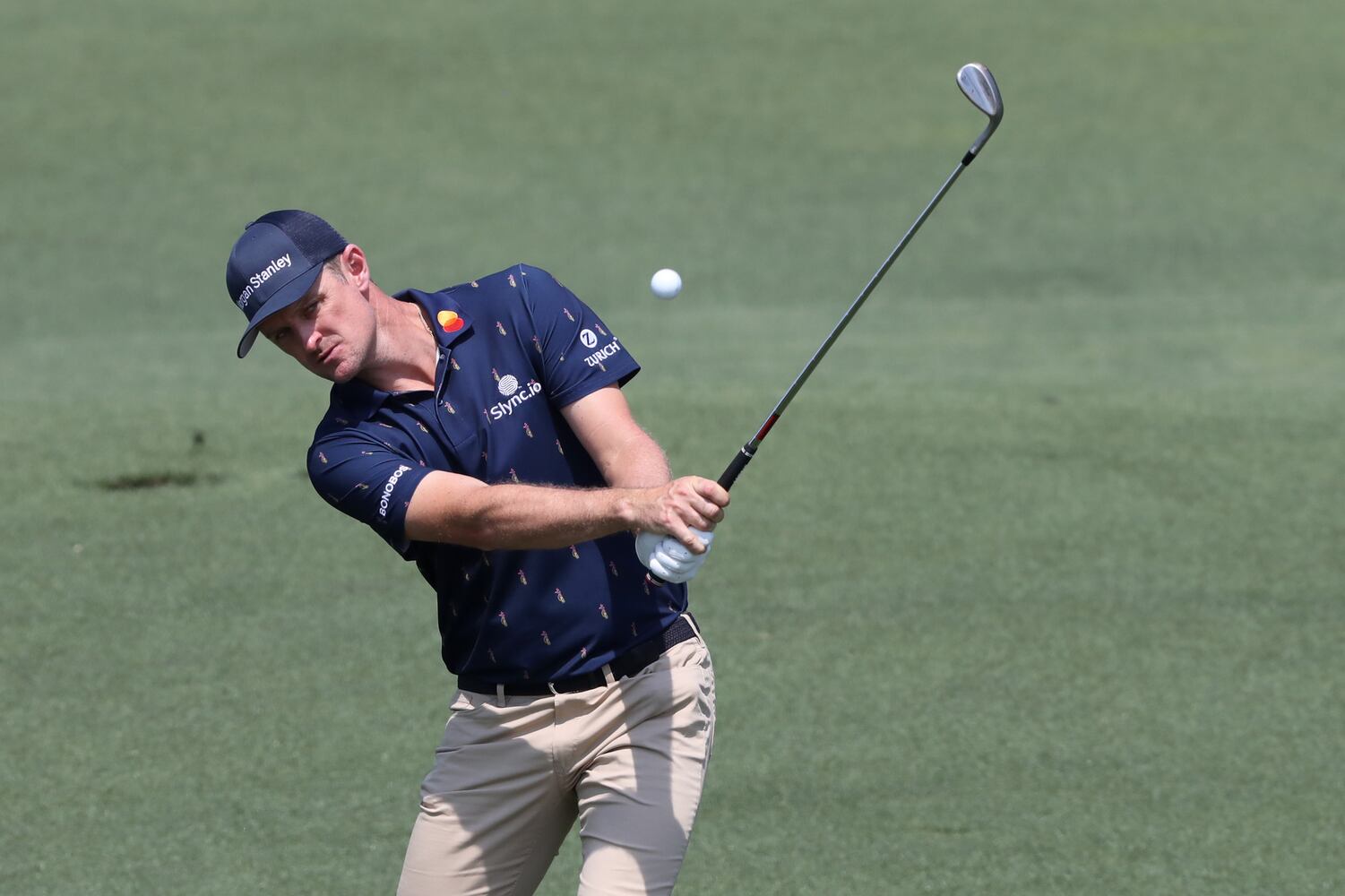 April 7, 2021, Augusta: Justin Rose chips to the second hole during his practice round for the Masters at Augusta National Golf Club on Wednesday, April 7, 2021, in Augusta. Curtis Compton/ccompton@ajc.com
